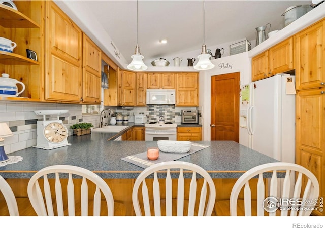 201 Timber Ridge Ct, Severance, CO 80550 - kitchen with white appliances, a sink, dark countertops, and backsplash