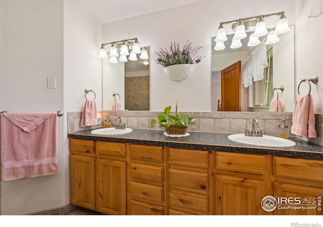201 Timber Ridge Ct, Severance, CO 80550 - bathroom with double vanity and tasteful backsplash