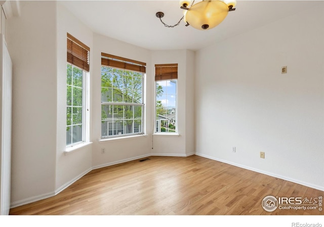 2982 W Long Dr # C, Littleton, CO 80120 - spare room featuring light wood-style flooring, a chandelier, and baseboards