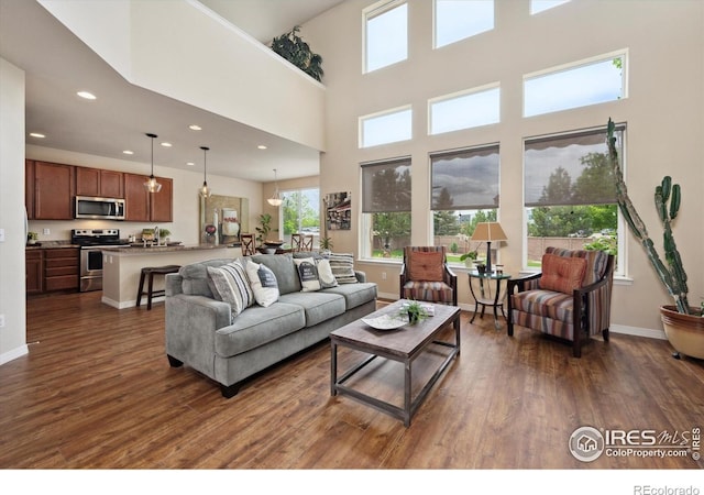 7401 Pimlico Dr, Windsor, CO 80550 - living room with healthy amount of natural light, dark wood finished floors, a high ceiling, recessed lighting, and baseboards