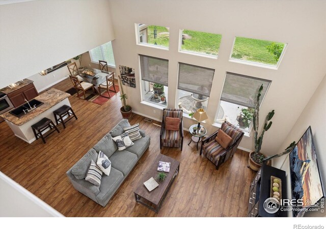 7401 Pimlico Dr, Windsor, CO 80550 - living area with wood finished floors, a high ceiling, and baseboards