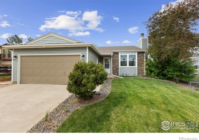 1512 Calkins Ave, Longmont, CO 80501 - ranch-style home with driveway, a chimney, a garage, and brick siding
