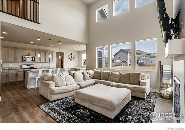 6398 Verna Ct, Timnath, CO 80547 - living room with dark wood-type flooring, a high ceiling, and recessed lighting