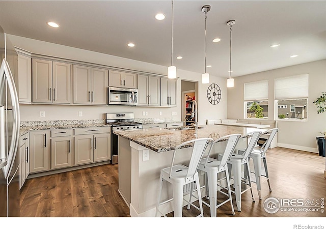 6398 Verna Ct, Timnath, CO 80547 - kitchen featuring appliances with stainless steel finishes, a sink, dark wood-type flooring, gray cabinetry, and light stone counters