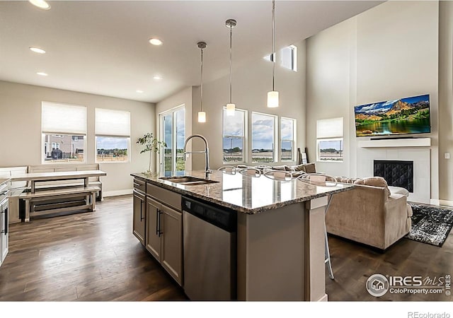 6398 Verna Ct, Timnath, CO 80547 - kitchen with stainless steel dishwasher, a sink, a fireplace, light stone countertops, and dark wood-style floors