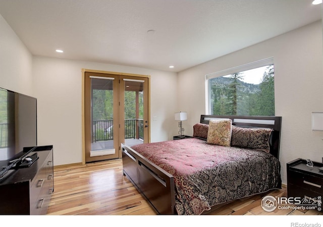 178 Cree Ct, Lyons, CO 80540 - bedroom with french doors, access to exterior, light wood-style flooring, and recessed lighting