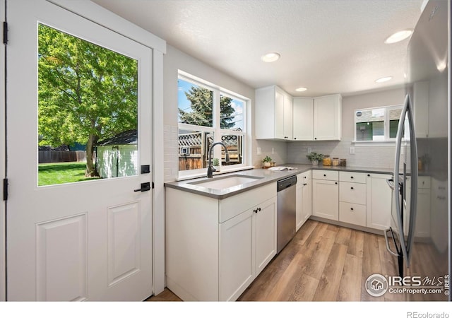 217 Locust St, Windsor, CO 80550 - kitchen featuring appliances with stainless steel finishes, a sink, light wood-style floors, decorative backsplash, and plenty of natural light