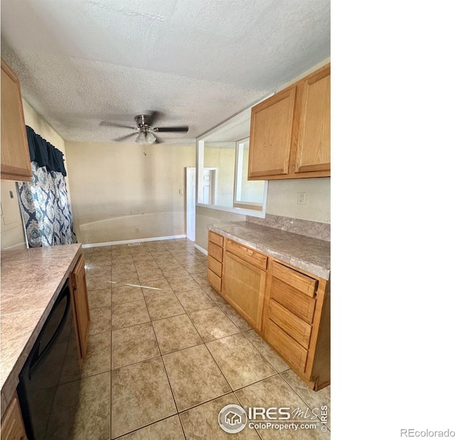 2614 Willard Dr, Colorado Springs, CO 80911 - kitchen with dishwasher, a textured ceiling, a ceiling fan, light countertops, and light tile patterned floors