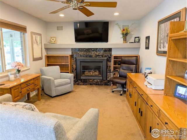 1545 S Vivian St, Longmont, CO 80501 - living room with a ceiling fan, light carpet, a glass covered fireplace, and recessed lighting