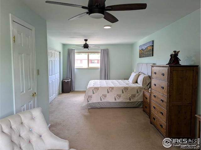 1545 S Vivian St, Longmont, CO 80501 - bedroom featuring light colored carpet, ceiling fan, and a closet