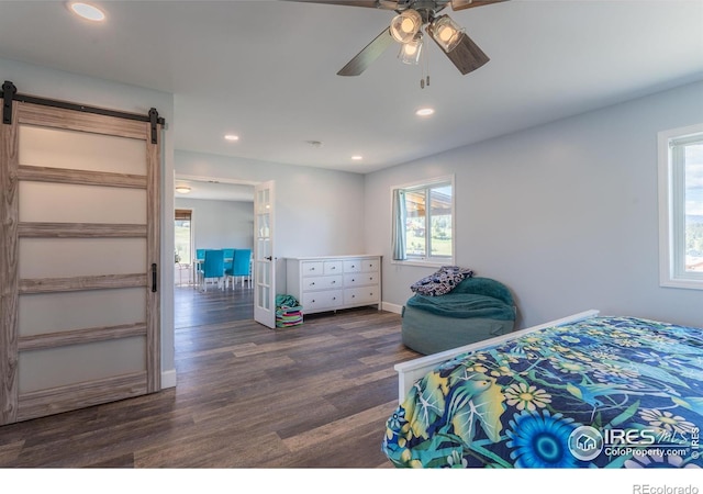 519 Palisade Mountain Dr, Drake, CO 80515 - bedroom with multiple windows, dark wood finished floors, recessed lighting, a barn door, and baseboards