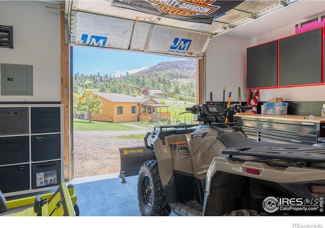 519 Palisade Mountain Dr, Drake, CO 80515 - garage featuring electric panel and a mountain view