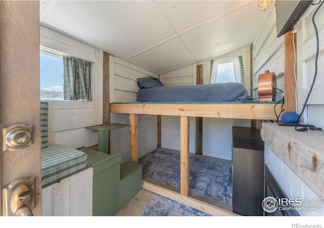 519 Palisade Mountain Dr, Drake, CO 80515 - bedroom with lofted ceiling and wood walls