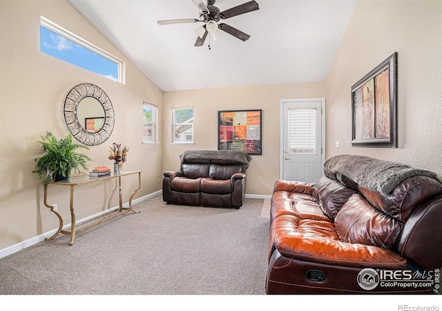 3525 Auntie Stone St Unit 7, Fort Collins, CO 80526 - living area with carpet flooring, a ceiling fan, baseboards, and high vaulted ceiling