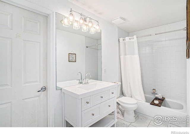 3525 Auntie Stone St Unit 7, Fort Collins, CO 80526 - full bathroom featuring marble look tiles, vanity, shower / bath combination with curtain, and toilet