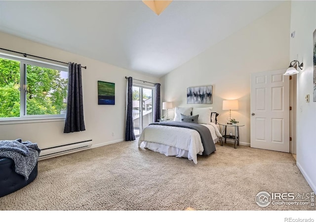 2977 Eagle Way, Boulder, CO 80301 - carpeted bedroom featuring baseboard heating, access to outside, high vaulted ceiling, and baseboards