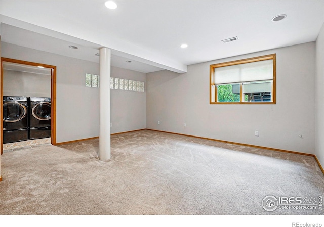 4489 Wellington Rd, Boulder, CO 80301 - basement featuring baseboards, carpet floors, separate washer and dryer, and recessed lighting
