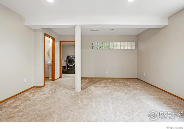 4489 Wellington Rd, Boulder, CO 80301 - below grade area featuring washer / clothes dryer, carpet floors, baseboards, and recessed lighting