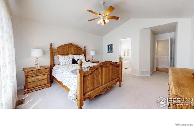 2139 Andrews St, Fort Collins, CO 80528 - bedroom with light carpet, vaulted ceiling, ensuite bath, a ceiling fan, and baseboards