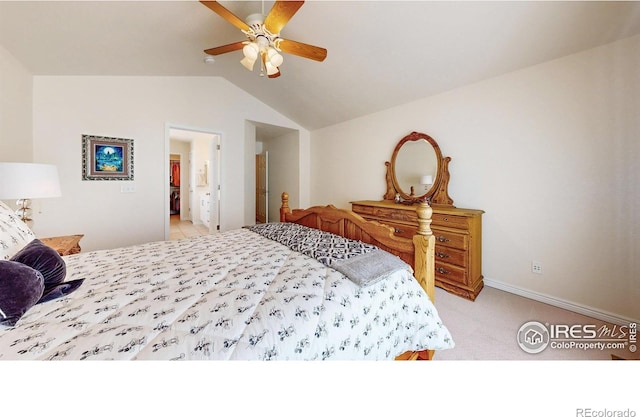 2139 Andrews St, Fort Collins, CO 80528 - bedroom with vaulted ceiling, light colored carpet, a ceiling fan, and baseboards