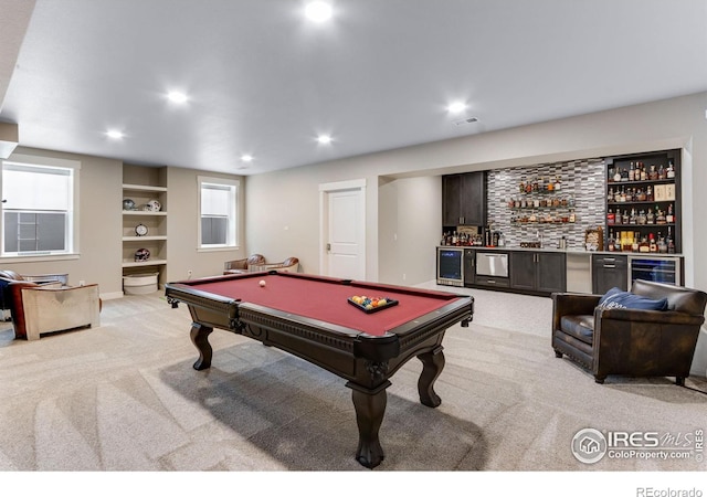 4268 Ardglass Ln, Timnath, CO 80547 - rec room with a dry bar, wine cooler, light colored carpet, built in features, and recessed lighting