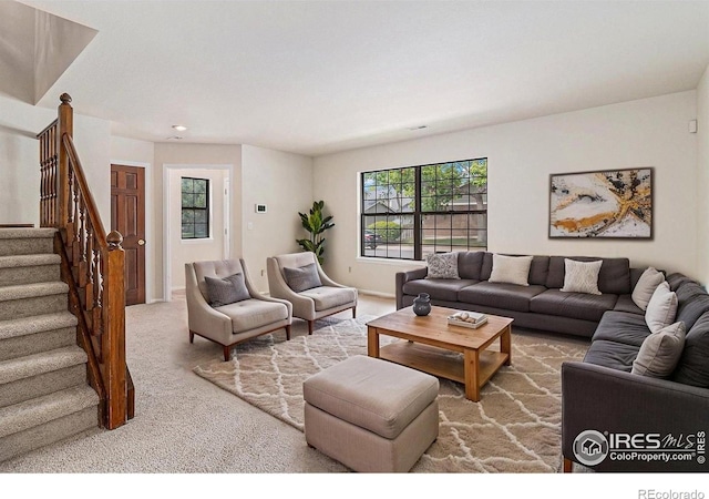 4116 W 111th Cir, Westminster, CO 80031 - carpeted living room with stairway, recessed lighting, and baseboards