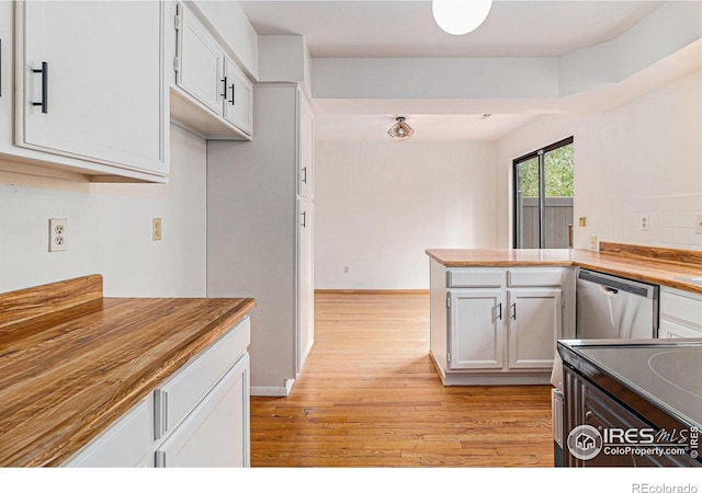 4116 W 111th Cir, Westminster, CO 80031 - kitchen featuring dishwasher, wooden counters, light wood-style floors, white cabinets, and a peninsula