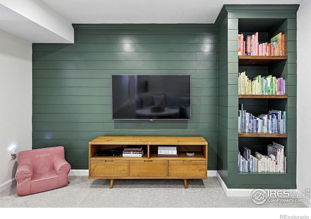 8290 Chase Way, Arvada, CO 80003 - living room featuring carpet flooring, baseboards, and wooden walls