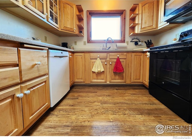 1443 Matthew Cir, Estes Park, CO 80517 - kitchen featuring electric range, stainless steel microwave, white dishwasher, open shelves, and a sink