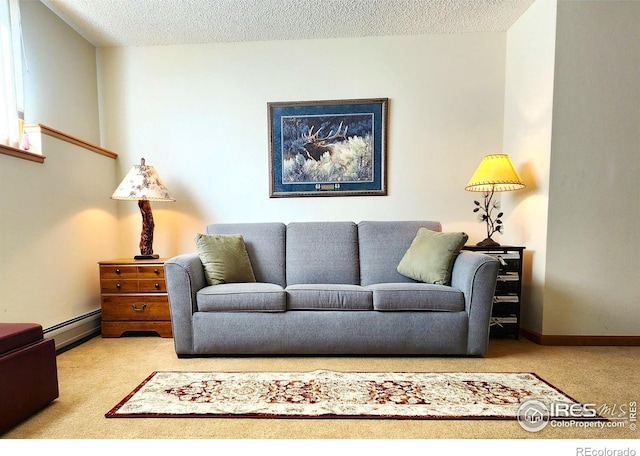 1443 Matthew Cir, Estes Park, CO 80517 - carpeted living area with a baseboard radiator, a textured ceiling, and baseboards