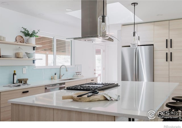 4601 S Lipan St, Englewood, CO 80110 - kitchen with appliances with stainless steel finishes, ventilation hood, modern cabinets, backsplash, and healthy amount of natural light