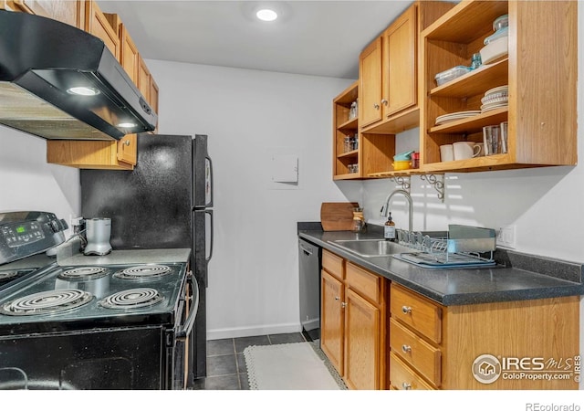 3313 Madison Ave Unit 212, Boulder, CO 80303 - kitchen with black / electric stove, range hood, open shelves, and a sink