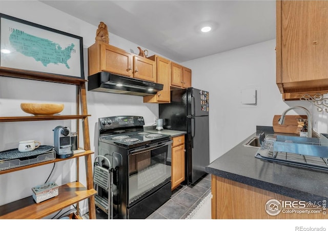 3313 Madison Ave Unit 212, Boulder, CO 80303 - kitchen with black appliances, under cabinet range hood, a sink, tile patterned floors, and dark countertops