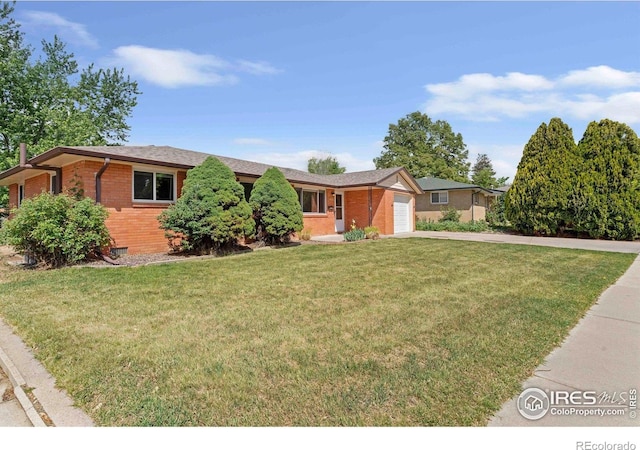 1229 Juniper St, Longmont, CO 80501 - ranch-style home with brick siding, an attached garage, concrete driveway, and a front yard