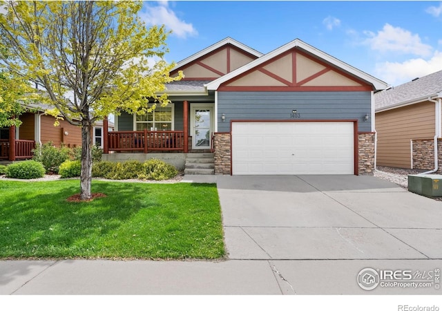 1403 Boardwalk Dr, Windsor, CO 80550 - view of front of house with stone siding, an attached garage, a front yard, and driveway