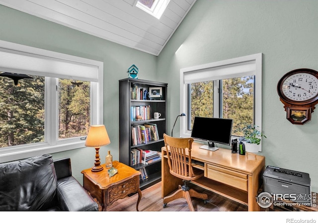 453 Black Fawn Ln, Westcliffe, CO 81252 - office with lofted ceiling, wood finished floors, and a skylight