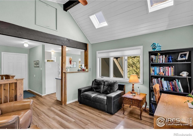 453 Black Fawn Ln, Westcliffe, CO 81252 - living room featuring a skylight, light wood-style floors, and baseboards