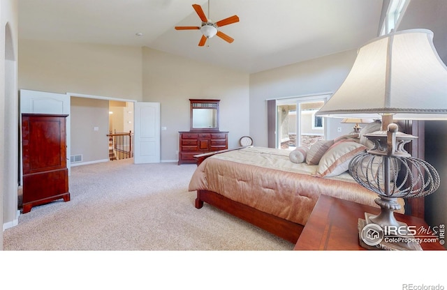 8211 Lighthouse Lane Ct, Windsor, CO 80528 - carpeted bedroom with high vaulted ceiling, baseboards, and ceiling fan