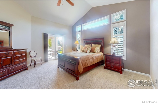 8211 Lighthouse Lane Ct, Windsor, CO 80528 - bedroom featuring access to outside, light colored carpet, high vaulted ceiling, baseboards, and a ceiling fan