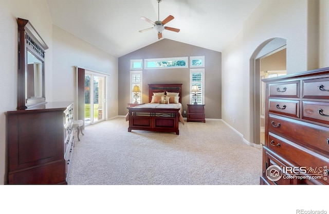 8211 Lighthouse Lane Ct, Windsor, CO 80528 - bedroom with carpet, arched walkways, baseboards, high vaulted ceiling, and ceiling fan