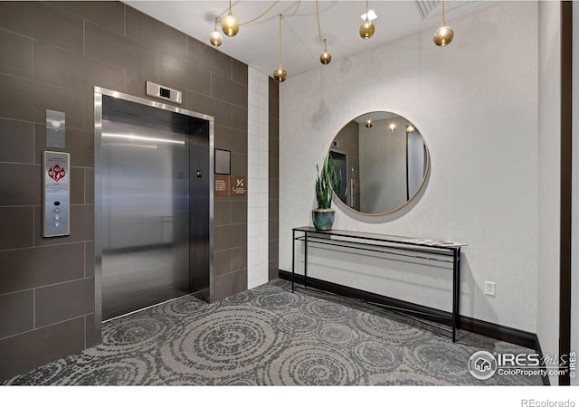 221 E Mountain Ave Unit 319, Fort Collins, CO 80524 - hall with elevator, tile walls, and baseboards