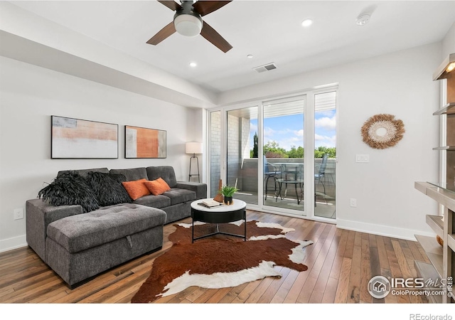 221 E Mountain Ave Unit 319, Fort Collins, CO 80524 - living room with ceiling fan, hardwood / wood-style floors, baseboards, and recessed lighting