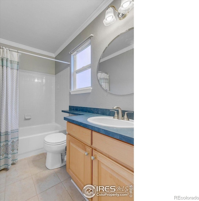 2841 Silver Pl, Superior, CO 80027 - full bath featuring ornamental molding, vanity, tile patterned floors, shower / bath combination with curtain, and toilet