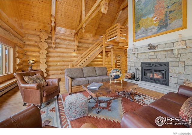 95 Choctaw Rd, Lyons, CO 80540 - living room featuring wooden ceiling with exposed beams, rustic walls, wood finished floors, a stone fireplace, and high vaulted ceiling
