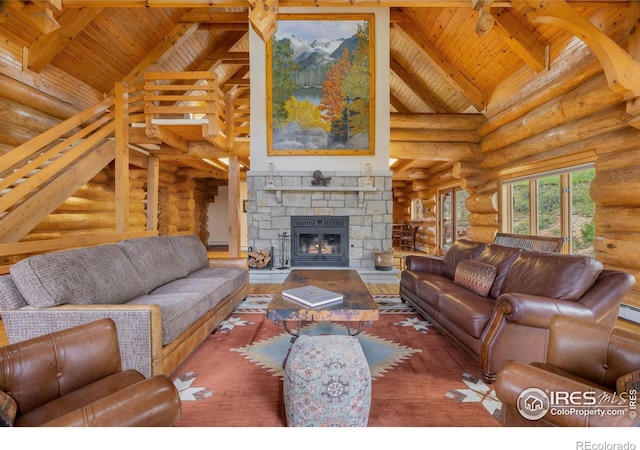 95 Choctaw Rd, Lyons, CO 80540 - living room featuring rustic walls, wooden ceiling with exposed beams, high vaulted ceiling, and a fireplace