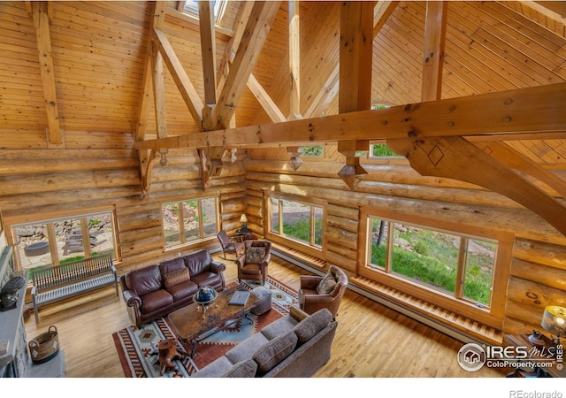 95 Choctaw Rd, Lyons, CO 80540 - living area with high vaulted ceiling, wood ceiling with exposed beams, plenty of natural light, wood-type flooring, and log walls