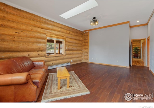 95 Choctaw Rd, Lyons, CO 80540 - living area featuring baseboard heating, a skylight, wood finished floors, and baseboards