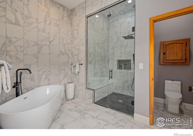 95 Choctaw Rd, Lyons, CO 80540 - full bath featuring marble look tile flooring, toilet, a soaking tub, a marble finish shower, and baseboards