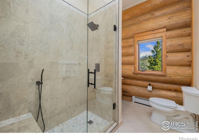 95 Choctaw Rd, Lyons, CO 80540 - full bathroom featuring toilet, a baseboard heating unit, rustic walls, and a stall shower