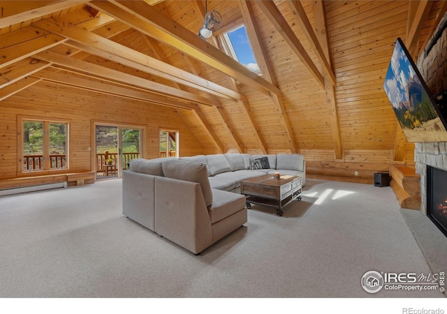 95 Choctaw Rd, Lyons, CO 80540 - carpeted living area with wooden walls, a baseboard radiator, a fireplace, and wood ceiling